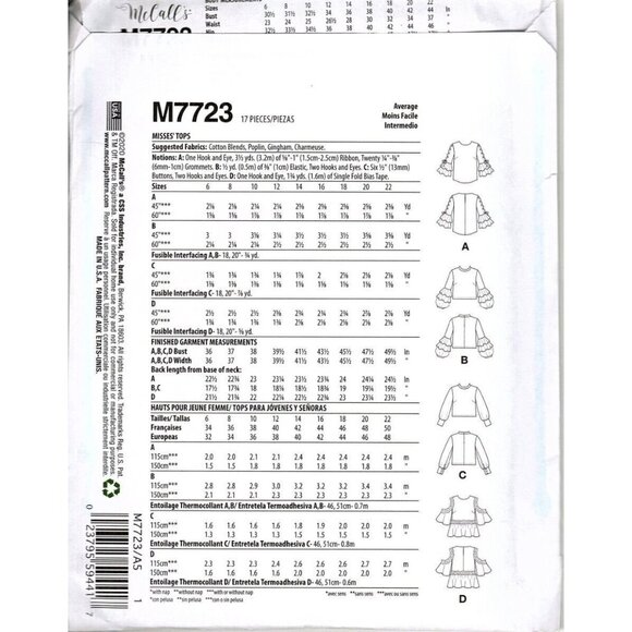 McCall's M7723 Misses 14 to 22 Embellished Sleeve Top Uncut Sewing Pattern - Picture 2 of 2